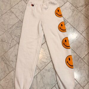 Aviator Nation White Kids Sweatpants with Yellow Smiley Faces